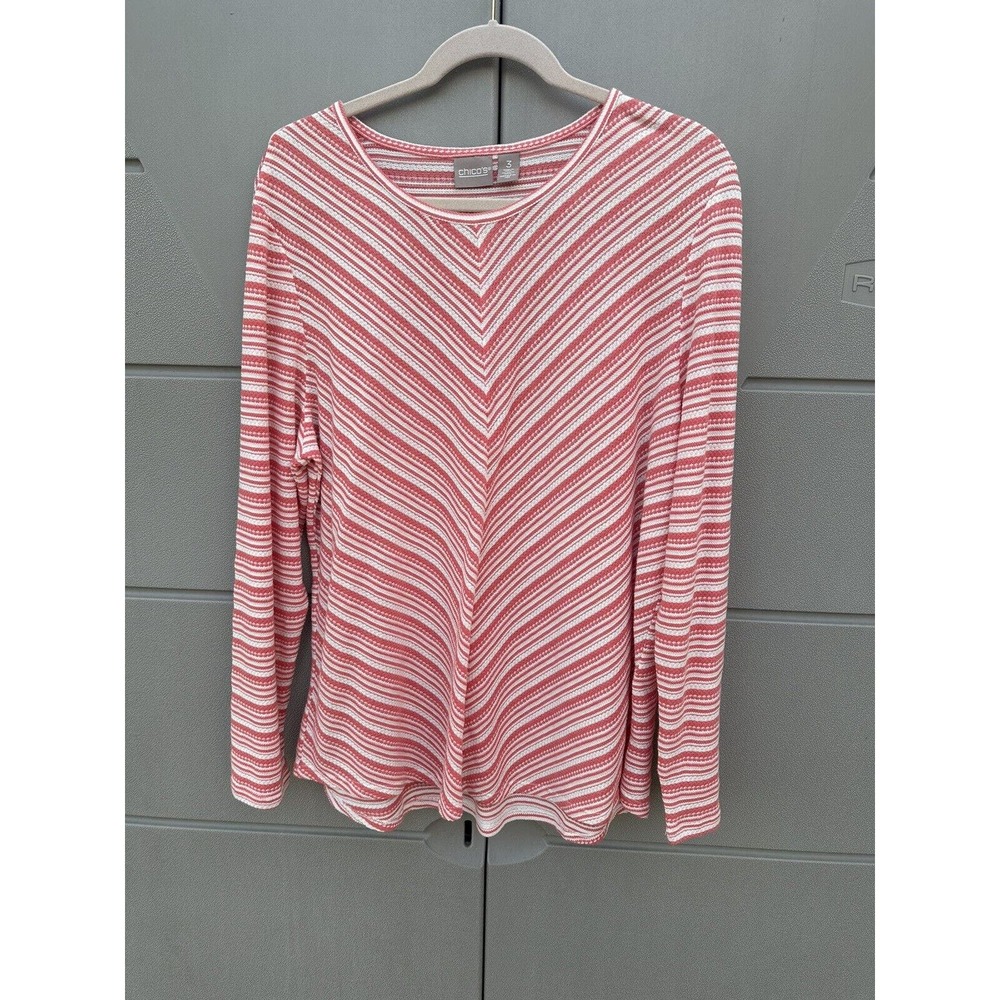 Chico's Women’s Knit Top Long Sleeves Coral/White Striped Tunic Beach Sz 3/XL